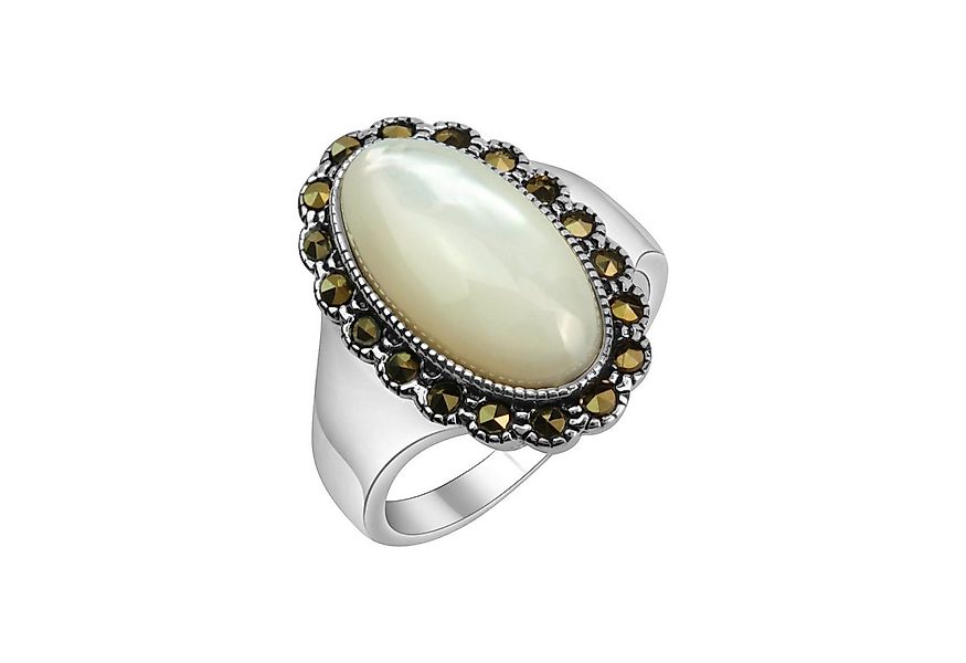 Zeeme Fingerring Silber 925 oxydiert mit weißem Perlmutt und 18 Markasit-St günstig online kaufen