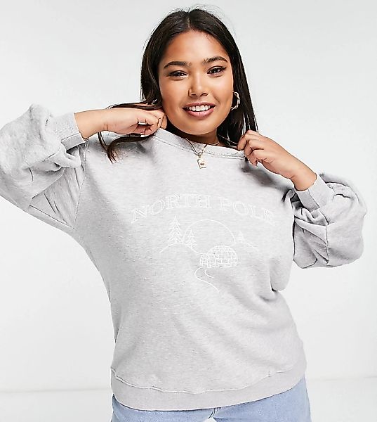 Threadbare Plus – Weihnachtliches Sweatshirt in Grau mit Stickerei günstig online kaufen