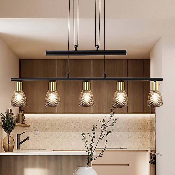 Hängelampe Lindita, 5-fl., Glas, rauchgrau, E14, verstellbar günstig online kaufen