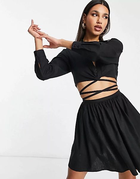 ASOS DESIGN –Mini-Hemdkleid in Schwarz im Skaterstil aus Leinen mit offener günstig online kaufen