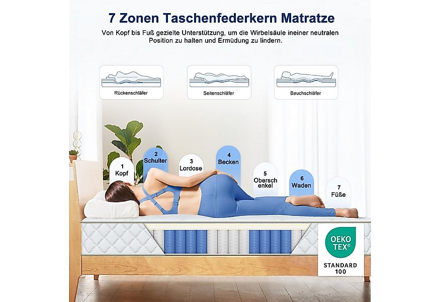 Taschenfederkernmatratze Matratze 90x200, 7-Zonen Federkernmatratze 90x200 günstig online kaufen