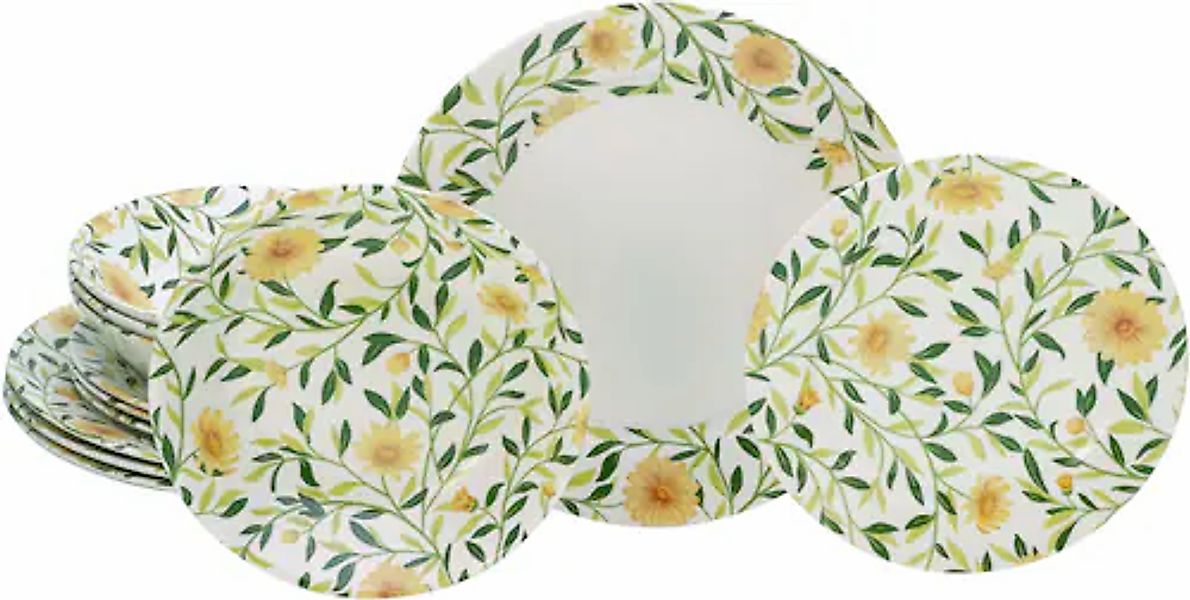 CreaTable Teller-Set »Amarilla, Tellerset 12-tlg« Blumendekor, Blättermotiv günstig online kaufen