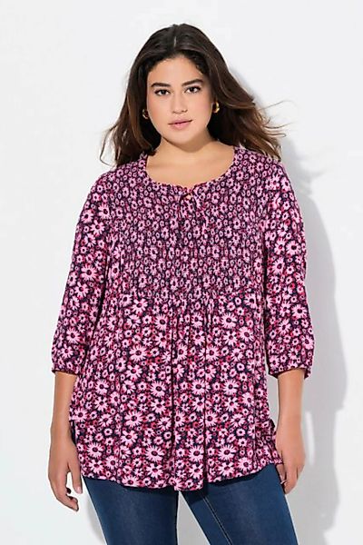 Ulla Popken Longbluse Smokbluse Blüten Rundhals Bindeband 3/4-Arm günstig online kaufen