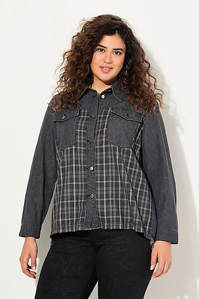 Ulla Popken Longbluse Jeanshemd Flanell-Einsatz Hemdkragen günstig online kaufen