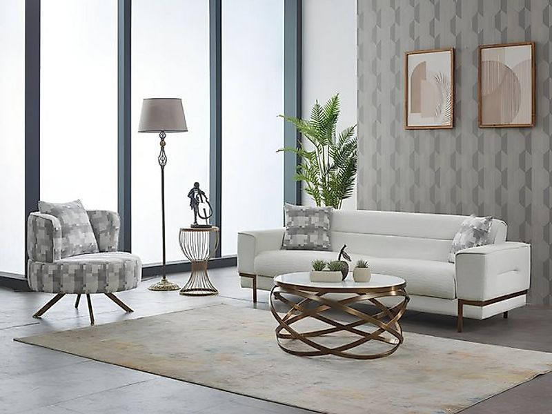 JVmoebel Sofa Komplette Couchgarnitur Dreisitzer Stoff Polstersofa Weiß Ses günstig online kaufen