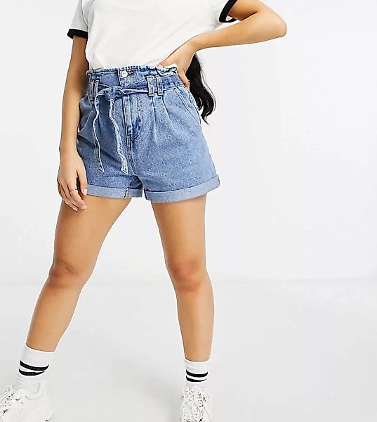 New Look Petite – Jeansshorts mit Paperbag-Taille in Blau günstig online kaufen