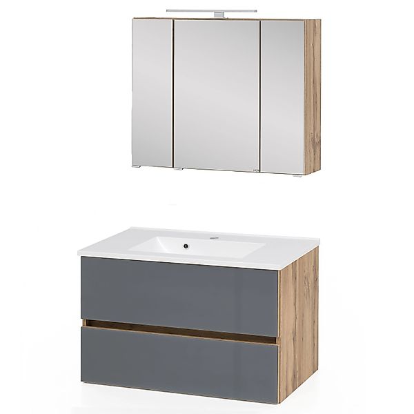 Held Möbel 2-tlg. Waschtisch- Set Pisa 80 Grau-Wotaneiche günstig online kaufen