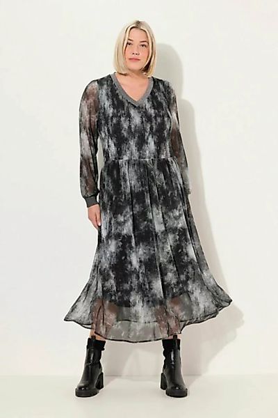 Ulla Popken Jerseykleid Smok-Midikleid Batikmuster V-Ausschnitt Langarm günstig online kaufen