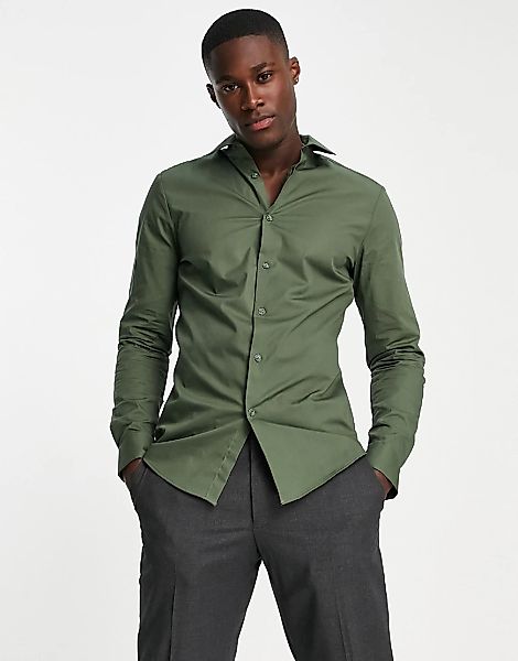 ASOS DESIGN – Enges Hemd in Khaki mit Stretchanteil-Grün günstig online kaufen
