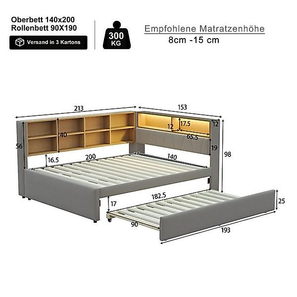 Ulife Daybett Schlafsofa mit LED Leuchten, Steckdosen und vielen Ablagefäch günstig online kaufen