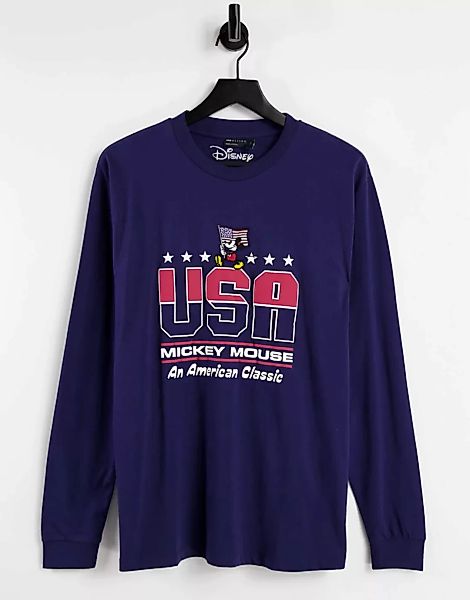 ASOS DESIGN – Langärmliges Shirt in Marineblau mit Mickey-US-Print günstig online kaufen