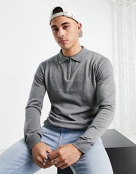 Threadbare – Langärmliges Strick-Poloshirt aus Baumwolle mit Viertelreißver günstig online kaufen
