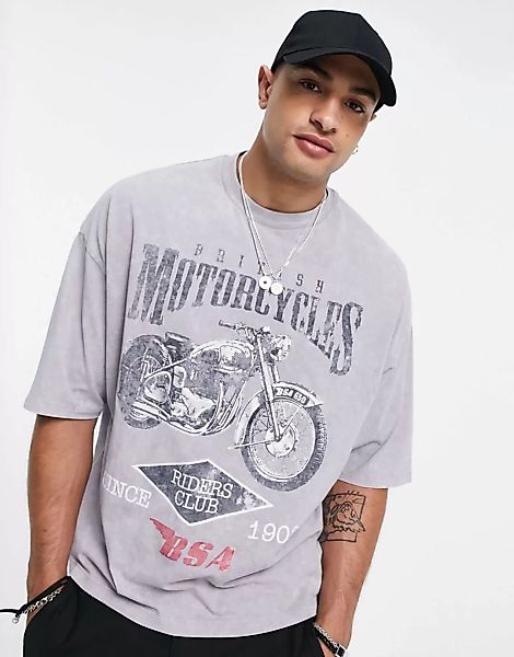 ASOS DESIGN – Oversize T-Shirt in Grau mit BSA Motorrad-Print-Schwarz günstig online kaufen