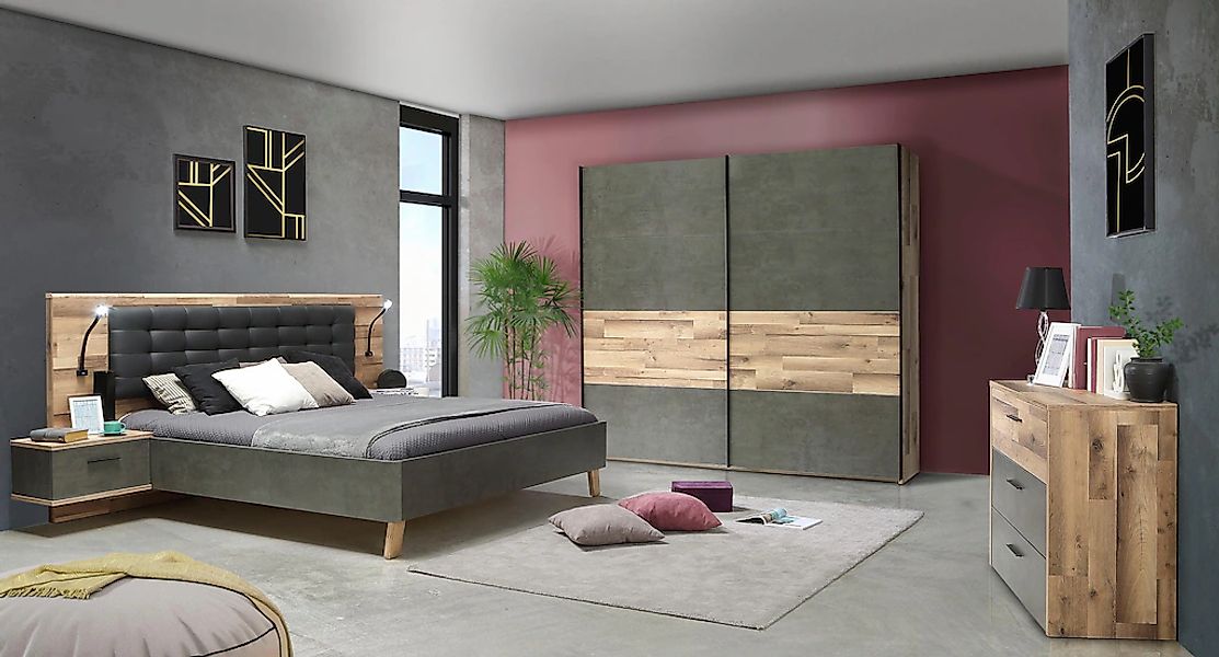 Schwebetürenschrank 220 cm breit Ricciano von Forte Stabeiche / Beton dunke günstig online kaufen