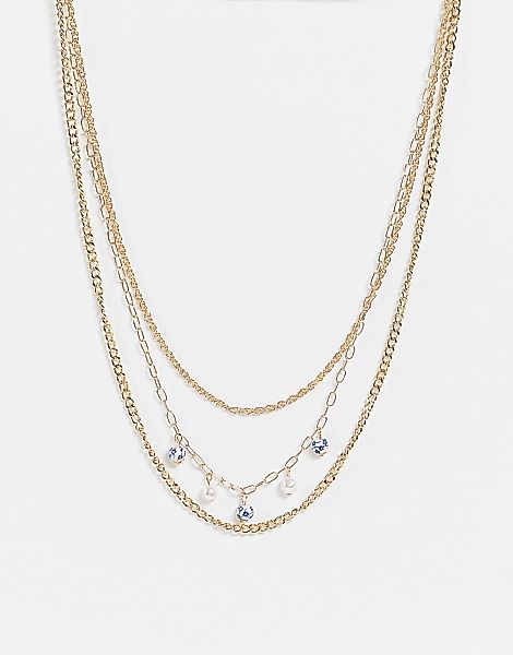 Topshop – Mehrreihige Halskette in Gold mit Perlen- und Steinanhängern mit günstig online kaufen