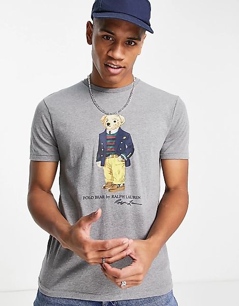 Polo Ralph Lauren – T-Shirt in Kalkgrau mit Dandy-Bär-Print günstig online kaufen