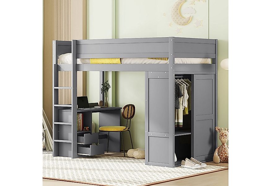 TavilaEcon Hochbett aus massivem Kiefernholz und MDF, mit Kleiderschrank mi günstig online kaufen