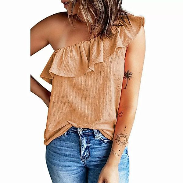 RUZU UG Tanktop Women's One Shoulder Tops Ruffle Solid Colour Robe Shirt är günstig online kaufen