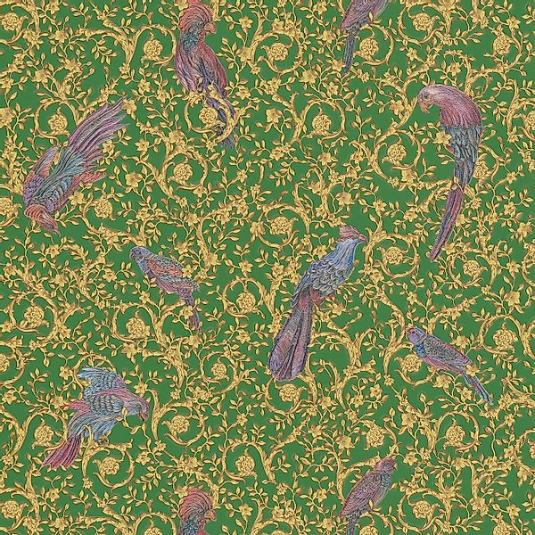 PROFHOME 370533-GU Luxus Tapete Vogelmuster Gold Grün Violett 7,035 m2 0,70 günstig online kaufen