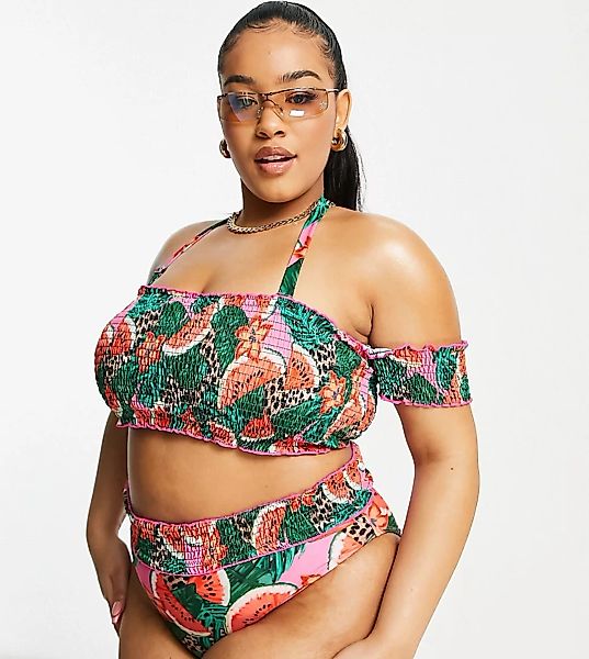 Simply Be – Gerafftes Bandeau-Bikini-Set mit abnehmbaren Ärmeln in tropisch günstig online kaufen