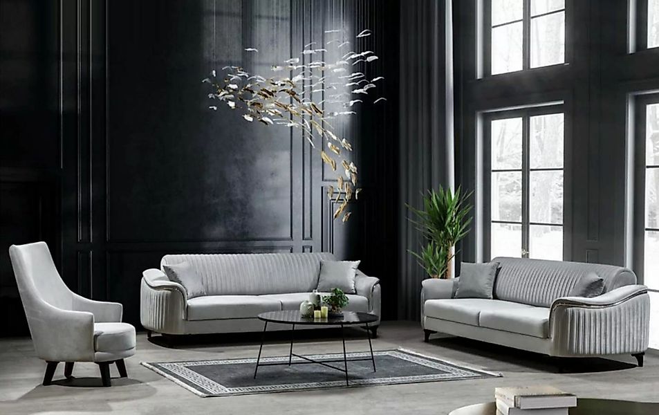 JVmoebel Sofa Graue Sofagarnitur Sofa Luxus Garniur Sofas Sessel 3+3+1 Sitz günstig online kaufen