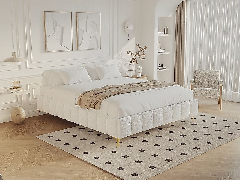Deko-Polster-Bettgestell - 160 x 200 cm - Bouclé-Stoff & goldfarbene Füßen günstig online kaufen