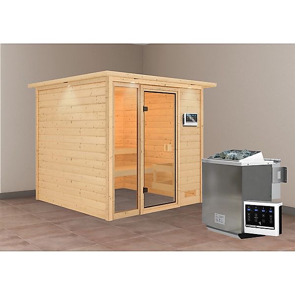 Karibu Sauna Jutta mit Bio-Ofen externe Stg.LED-Dachkranz Natur günstig online kaufen