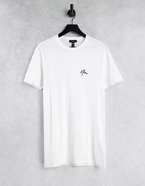 New Look – Longline-T-Shirt mit NLM-Stickerei in Weiß günstig online kaufen