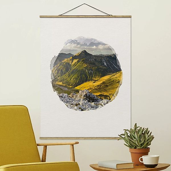 Stoffbild Berge mit Posterleisten - Hochformat Wasserfarben - Berge und Tal günstig online kaufen