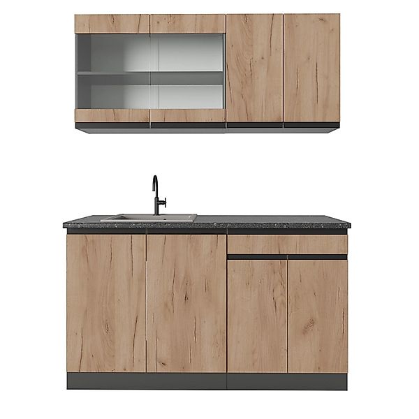 Vicco R-Line Singleküche Goldkraft Eiche/Anthrazit 140 cm J-Shape ohne E-Ge günstig online kaufen