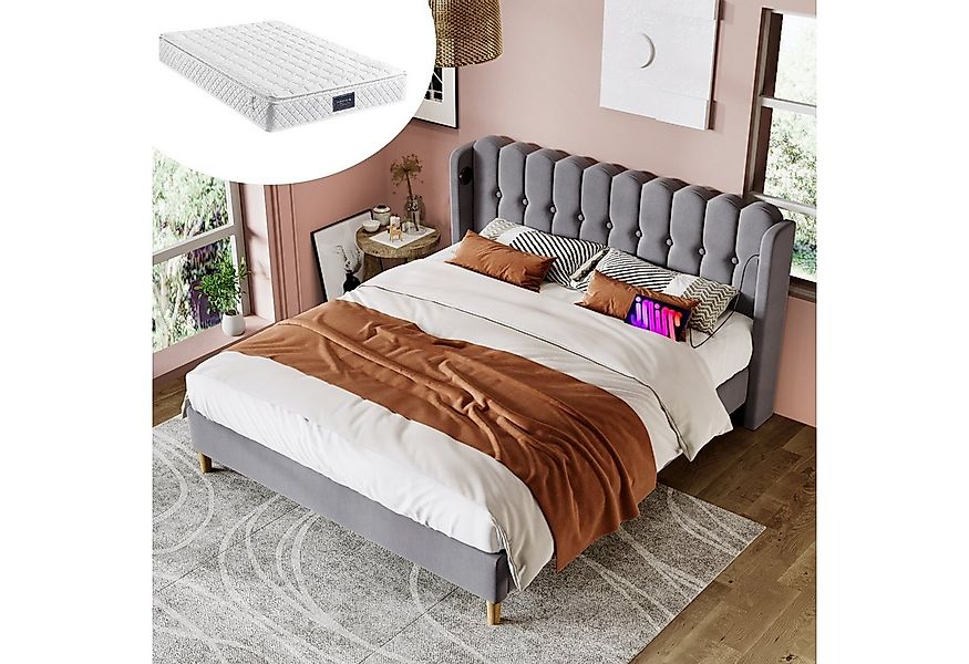 HAUSS SPOLE Polsterbett 140 x 200 cm mit USB Typ C Ladefunktion Leinen Grau günstig online kaufen