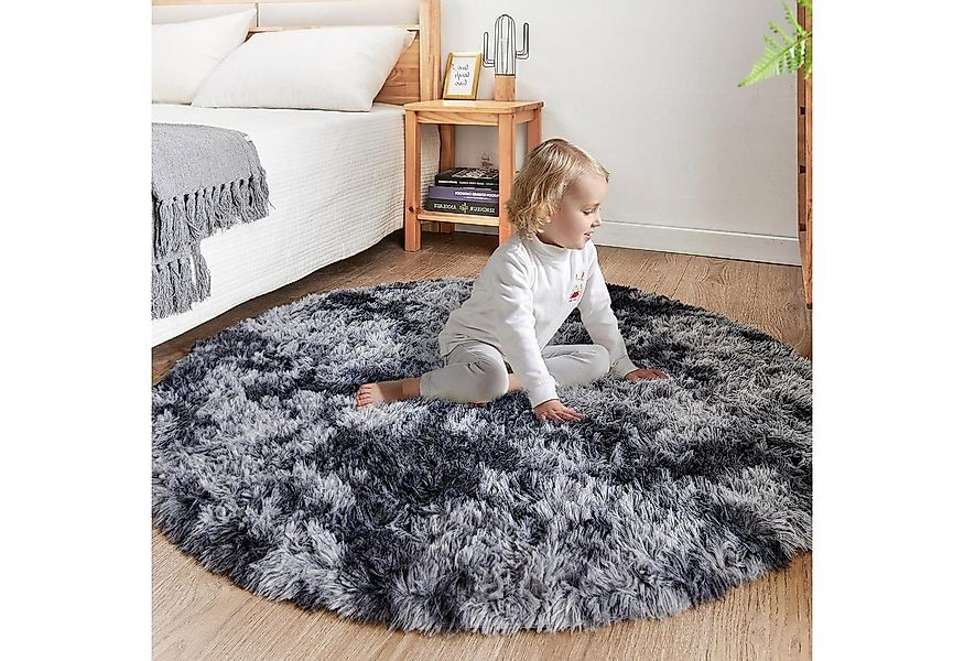 ROHATIM Hochflor-Teppich Plüsch Teppich Rund Dunkelgrau Ø 120 cm Wohnzimmer günstig online kaufen