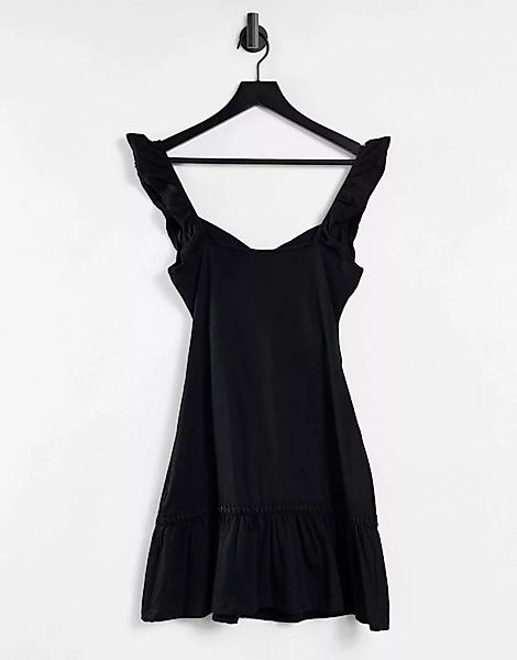 ASOS DESIGN – Sommerkleid in Schwarz mit Zierausschnitt und geraffter Schul günstig online kaufen