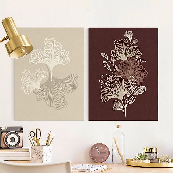 2-teiliges Leinwandbild Illustration Ginkoblätter Beige und Bordeaux günstig online kaufen