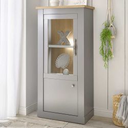 Landhaus Vitrine in Lichtgrau und Eichefarben Glastür günstig online kaufen