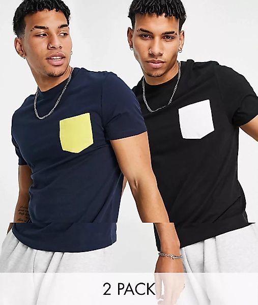 ASOS DESIGN – T-Shirt mit farblich abgesetzter Tasche im 2er-Pack-Mehrfarbi günstig online kaufen