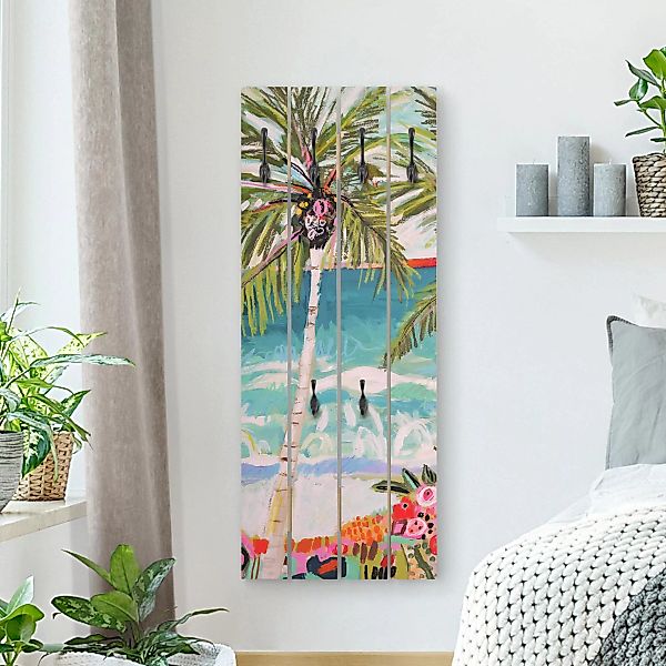 Wandgarderobe Holzpalette Botanik & Tropical Palme mit pinken Blumen I günstig online kaufen