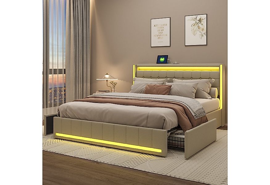 PXloue Polsterbett LED-Bett mit Stauraum und Ladeanschluss (Geeignet für Ju günstig online kaufen