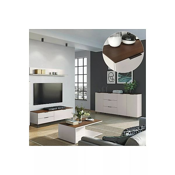 Wohnwand Set mit Sideboard CHOLET-01 in Kaschmir beige mit Nussbaum Nb. günstig online kaufen