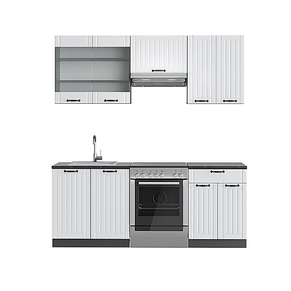 Vicco Fame-Line Küchenzeile Weiß Landhaus/Anthrazit 200 cm AP Anthrazit günstig online kaufen