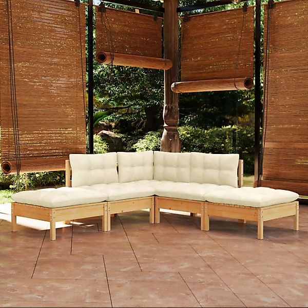 5-tlg. Garten-lounge-set Mit Creme Kissen Kiefernholz günstig online kaufen