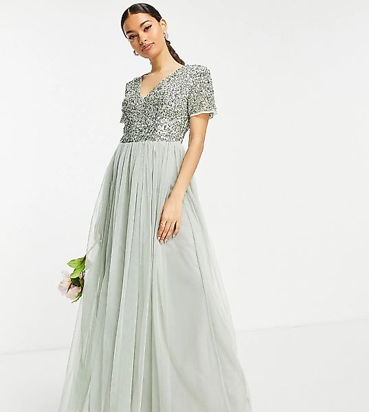 Maya Petite – Bridesmaid – Kurzärmliges Maxi-Tüllkleid mit filigranen, farb günstig online kaufen