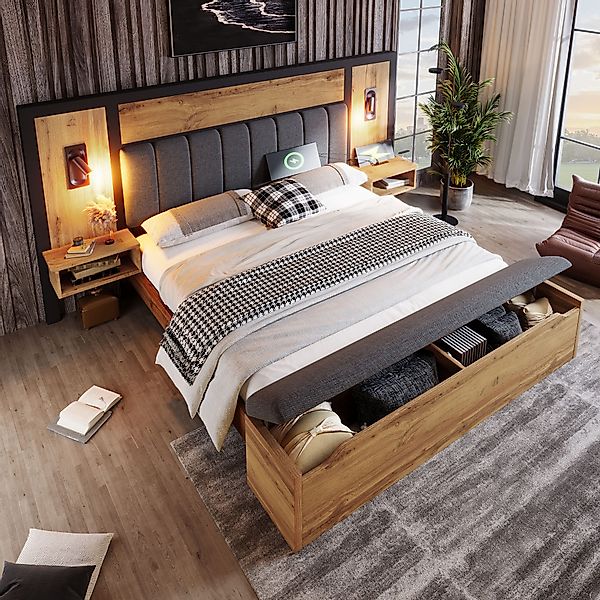 Flieks Holzbett, Doppelbett 160×200cm mit Leselampe, günstig online kaufen