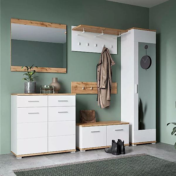 Garderoben-Set 6-teilig mit Garderobenschrank in weiß mit Eiche HUESCA-129 günstig online kaufen