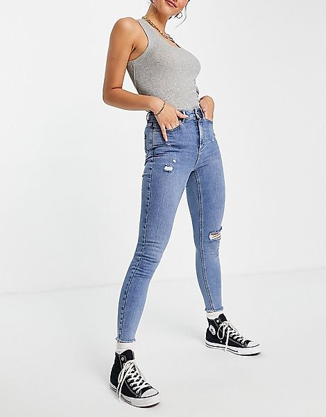 New Look – Enge Jeans in Authentic-Blau mit Zierrissen günstig online kaufen