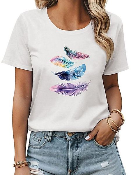 PYL Rundhalsshirt Damen Sommer Casual Bequemes T-Shirt mit Feder Print Tee günstig online kaufen