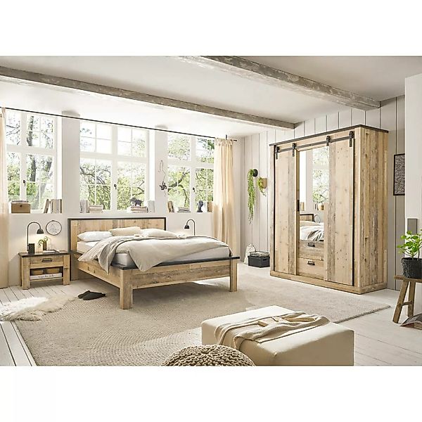 Schlafzimmer Set 3-teilig Bett 140x200cm in Old Style hell mit anthrazit SH günstig online kaufen