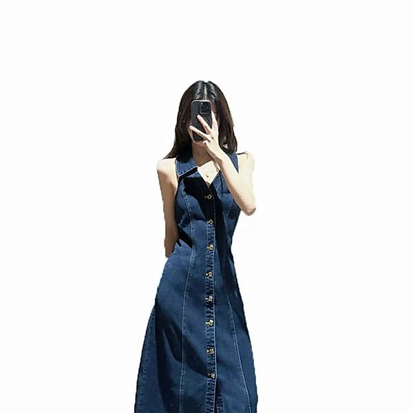 KIKI Jeansrock Ärmelloses Kleid aus gewaschenem Denim V-Ausschnitt Lange Kl günstig online kaufen