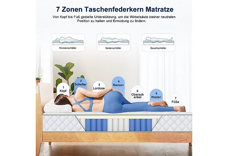 Taschenfederkernmatratze Matratze 90x200, 7-Zonen Federkernmatratze 90x200 günstig online kaufen