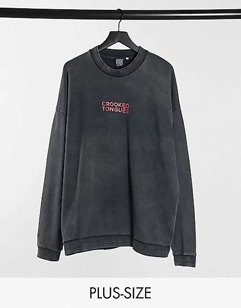 Crooked Tongues – Plus – Sweatshirt in verwaschenem Schwarz mit Logo auf de günstig online kaufen